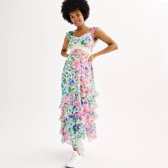 Pastel Floral Maxi Dress Flutter Sleeve Asymmetrical Tiered Bloomcore L - Picture 2 of 14